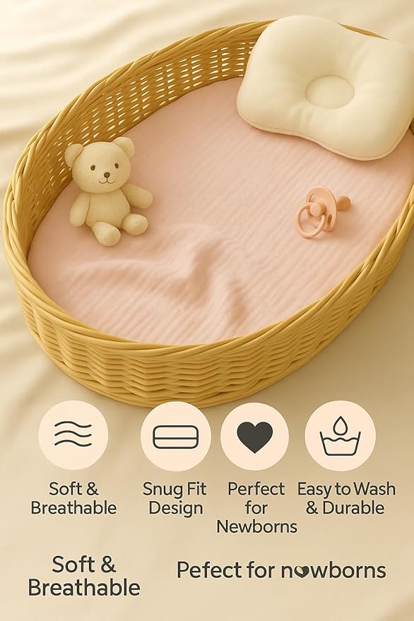 Muslin Bassinet Sheets Set of 2 Pink & Green Bassinet Cover Large Size 33x17 Inches, Soft Breathable Bassinet Mattress Cover, Stay Secure Fit, Gentle on Sensitive Skin, Cute & Vibrant Look