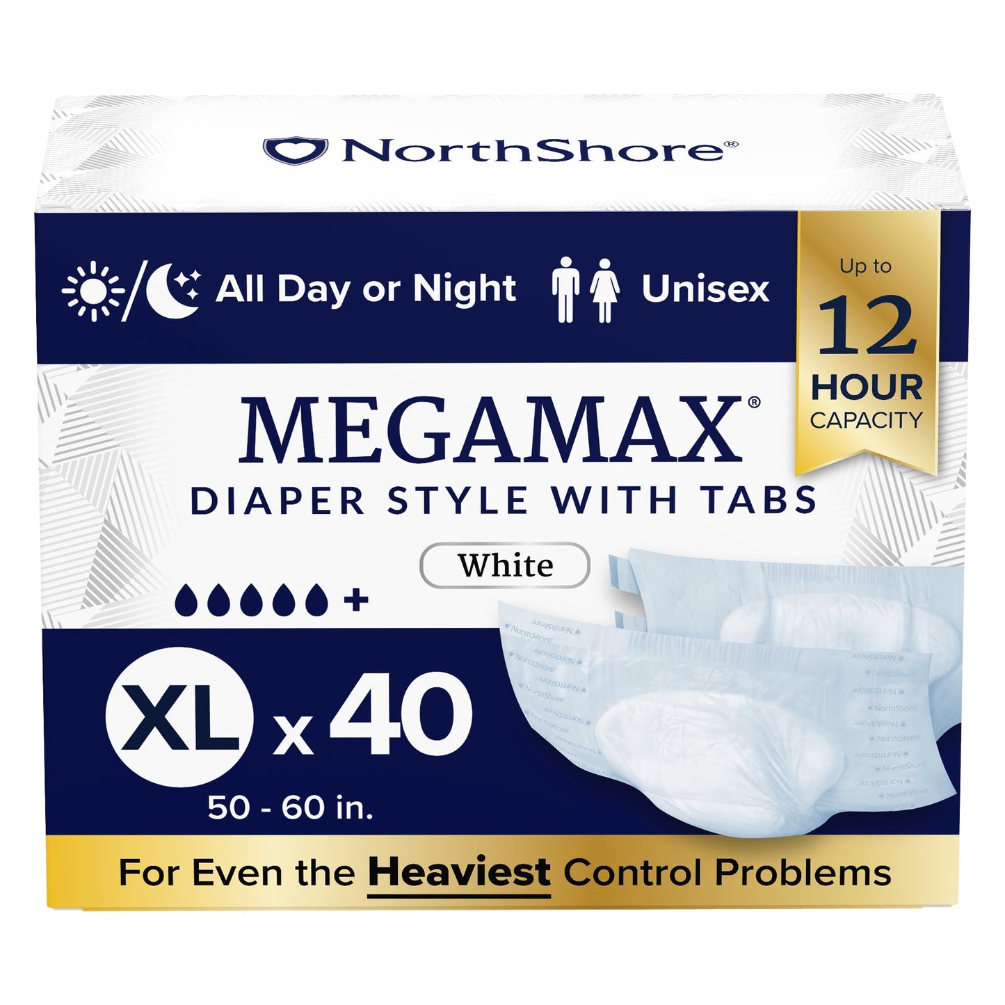 NorthShore MegaMax Adult Overnight Diapers, 12-Hour Tab-Style, X-Large, 40 Count Case, White, 50-60 inches, Unisex Incontinence Underwear