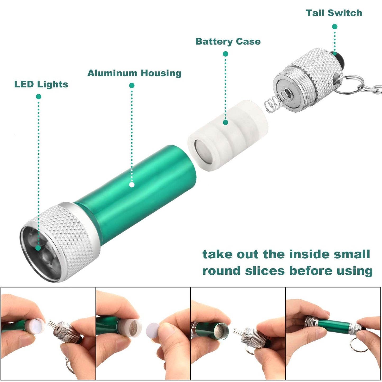 Honoson Mini LED Flashlight Keychain, 30 Pieces, 5 Bulb, Portable, Aluminum, Multi-Color (Black, Red, Green, Blue, Purple)
