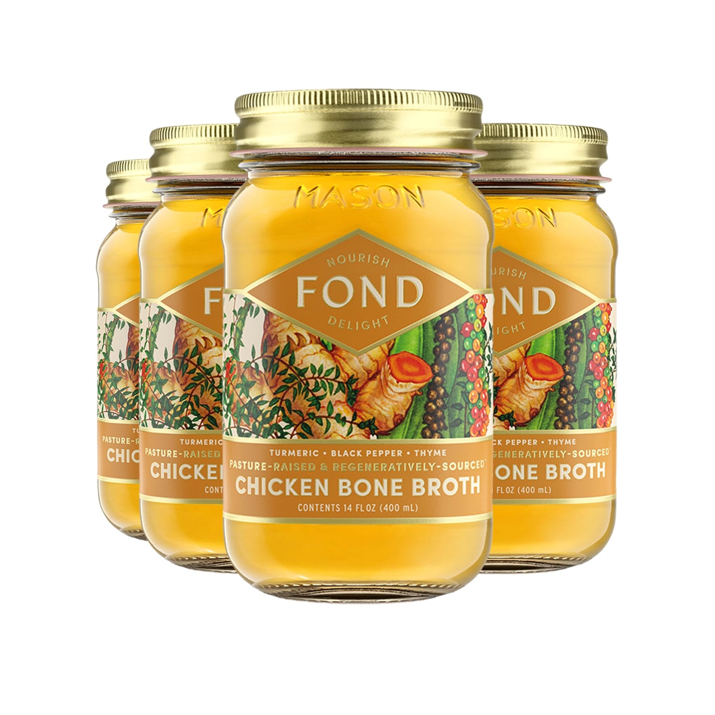 FOND Regenerative Pasture-Raised Chicken Bone Broth Infused with Organic Turmeric & Black Pepper - Slow-Simmered Chicken Broth f