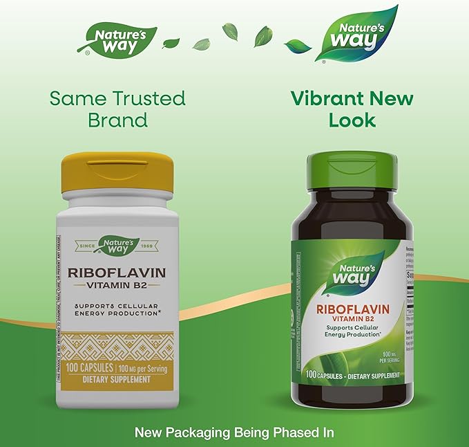 Nature's Way Riboflavin Vitamin B2, Supports Cellular Energy Production*, High Potency Riboflavin, 100 mg per Serving, 100 Capsules (Packaging May Vary)