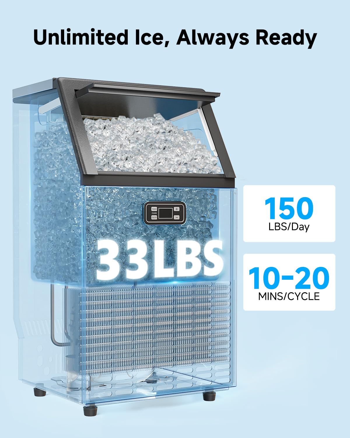 Feelfunn Commercial Ice Maker Machine - 150 LBS/24H, 33lbs Storage Capacity, Stainless Steel Freestanding & Under Counter Ice Maker with Self-Cleaning, 24H Timer, Ideal for Home Bar Office Restaurant