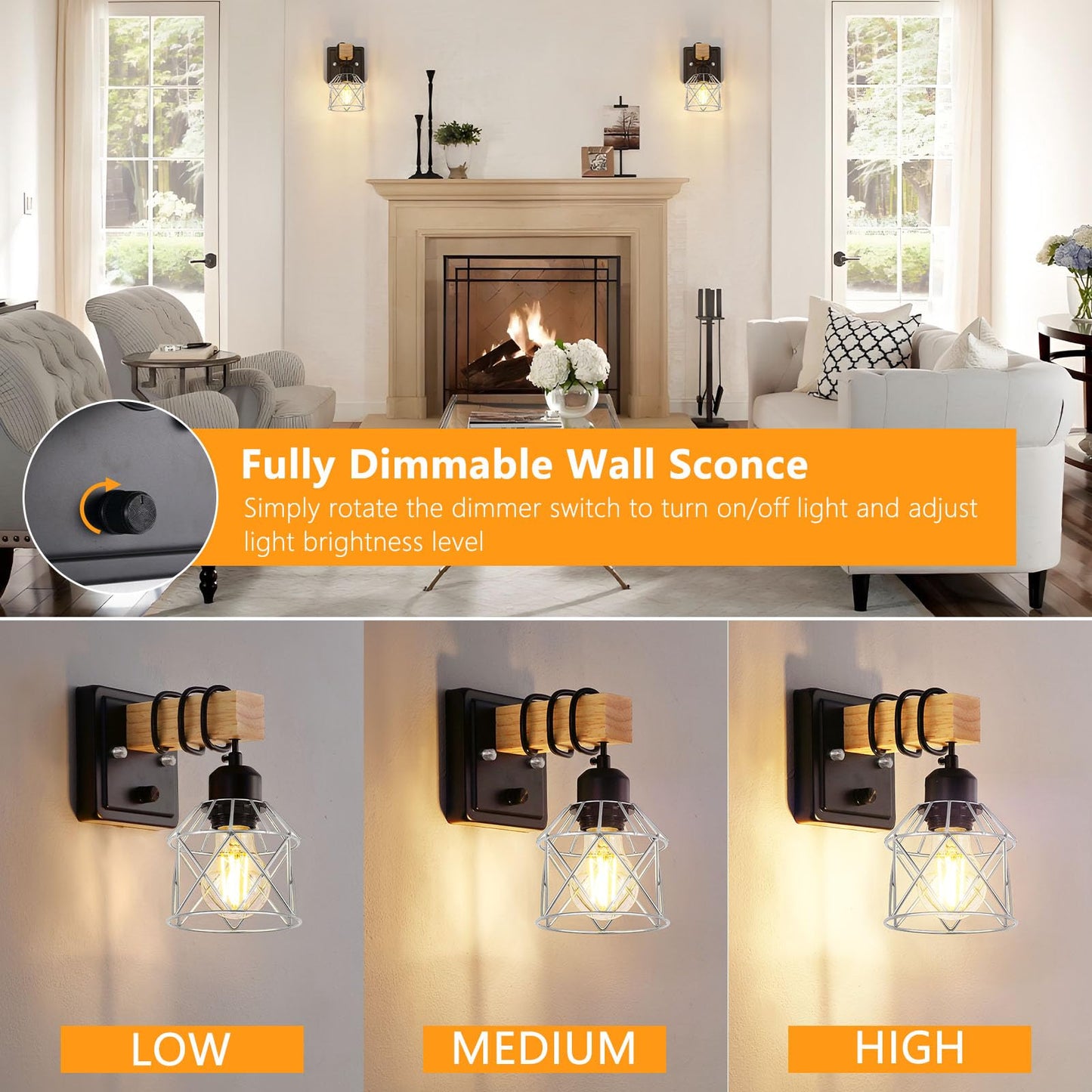 Fadimikoo Wall Sconces Set Of Two  Bedside Wood Wall Lamps With Rotary Switch  Black Bathroom Vanity Light With Silver Wire Cage  Rustic Dimmable Sconces Wall Lighting For Living Room  Hallway  Mirror