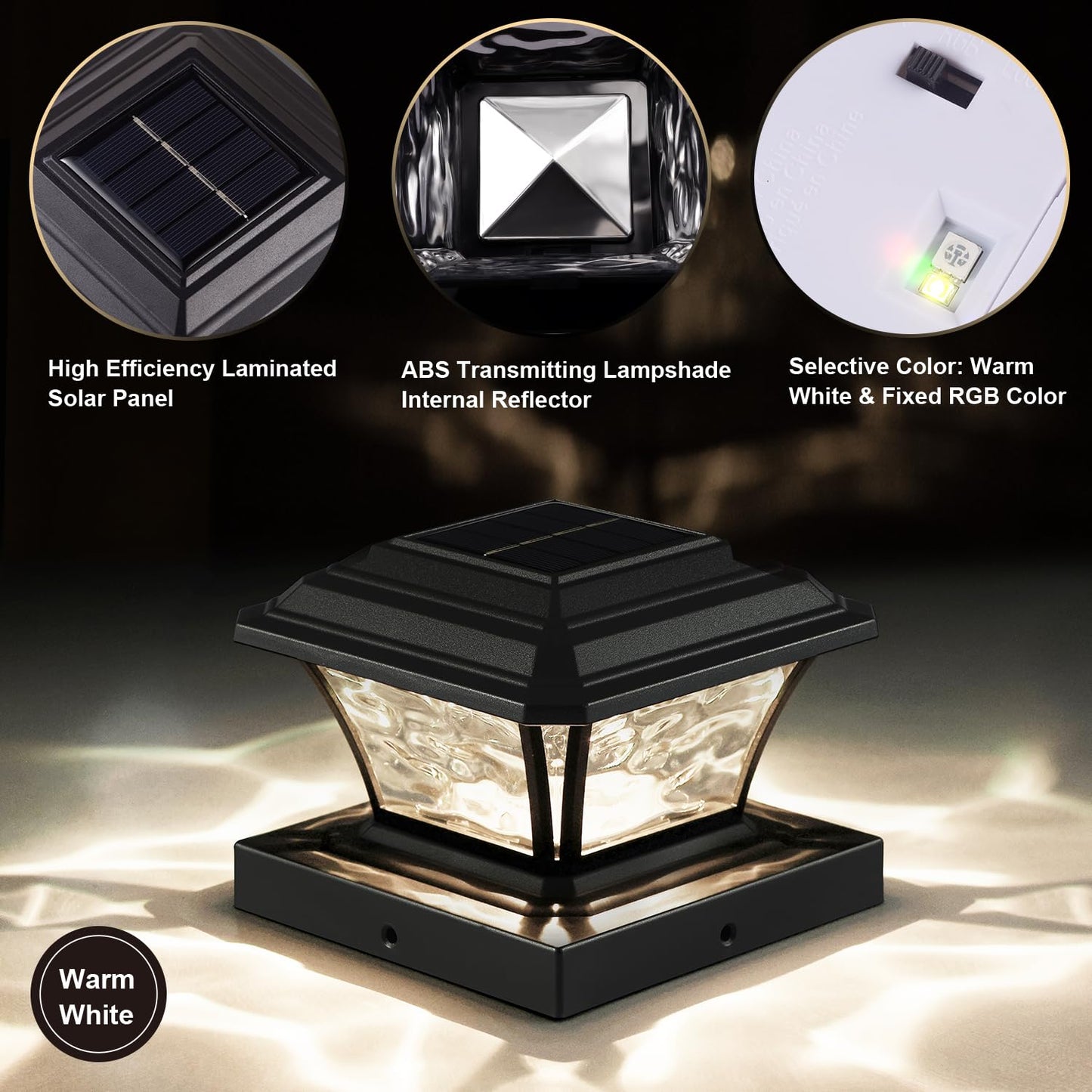 AEFRELEOHT Solar Post Cap Lights, 20 Lumens, RGB & Warm White, 12 Pack, Black, Model SL1880, IP65 Waterproof, Fits 3.5