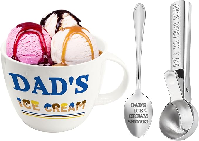 Chrsitmas Dad Gifts, Birthday Gifts for Dad from Daughter Son, Dad's Ice Cream Bowl Scoop Shovel Spoon Set, Ice Cream Present for Daddy Him Man