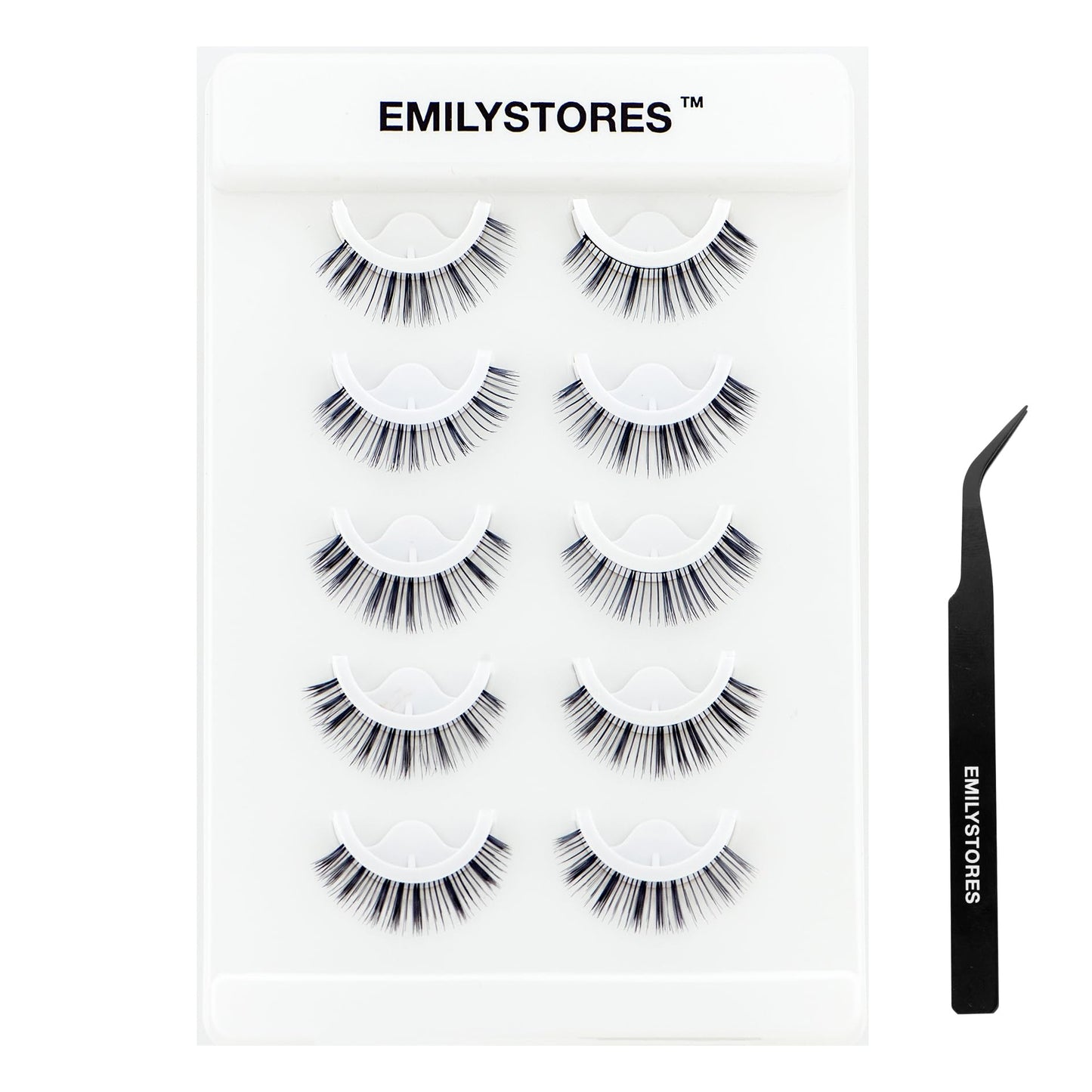 EMILYSTORES Brown Lashes Pre-Glued Self Adhesive Eyelashes, Natural Press on Lashes Reusable, With Tweezer Applicator 5 Pairs (D