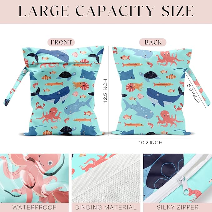 4 Pack Wet Bag for Swimsuit, Beach Travel Essentials Wet Dry Bag, for Sunscreen Toiletry Dirty Clothes Yoga Gym Diaper, Friend Summer Beach Vacation Gifts. Ocean Theme