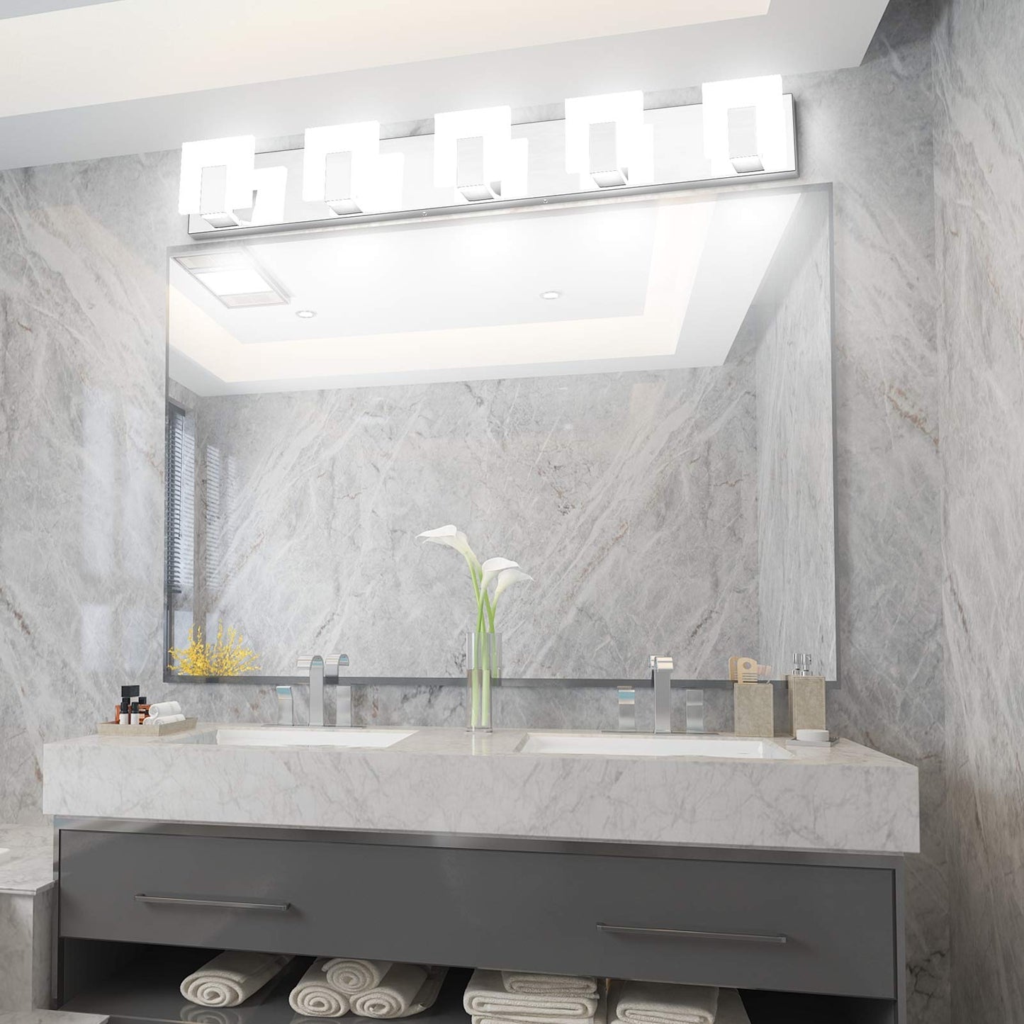 Aipsun Modern Led Bathroom Vanity Light - 5 Lights, Chrome Stainless Steel, Up And Down Over Mirror, 6000K White Light, Model Ca-1105-5T