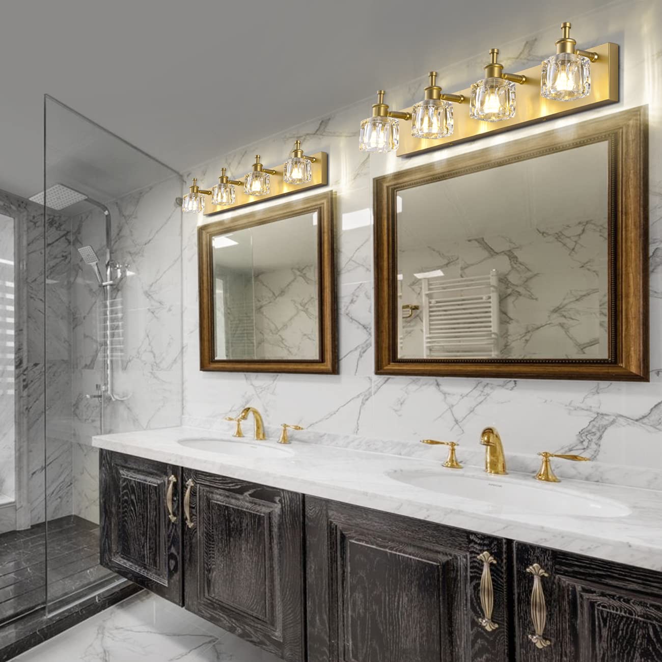 Presde Modern Crystal Bathroom Vanity Light - 4-Light Gold Fixture Over Mirror, Excludes Bulb, Model 476E546C-B841-4F4F-A519-Bb35D