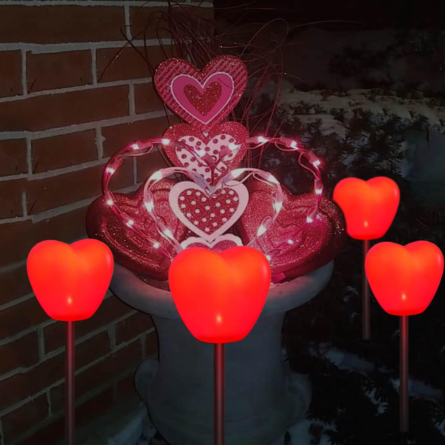 Abkshine Set of 6 Solar Red Heart Stake Lights for Valentines Day Decor, Outdoor Waterproof Heart Shaped Light for Garden Pathway Flowerbed Cemetery Grave Porch Walkway Valentine's Theme Decorations