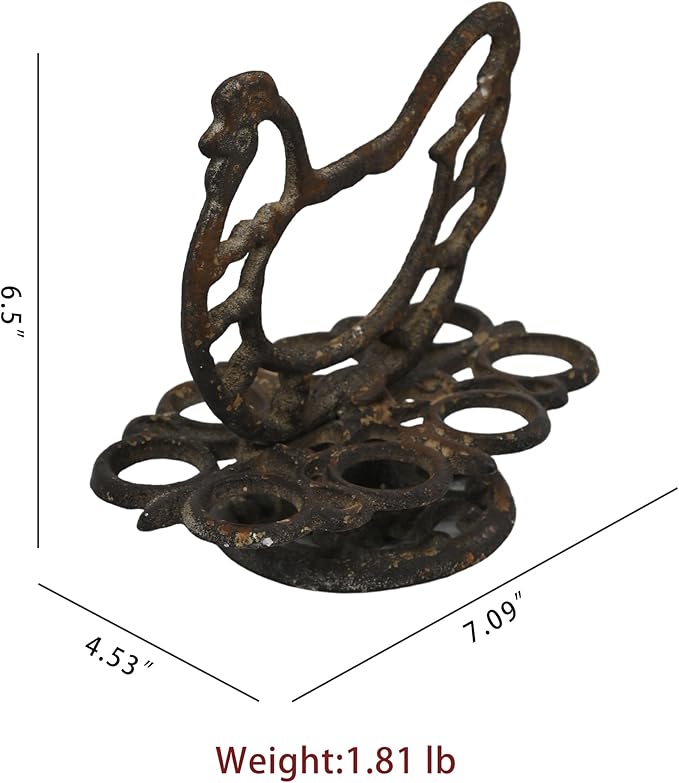 Vintage Cast Iron Chicken Egg Holder, Rustic Farmhouse Kitchen Decor Egg Tray, Heavy Duty Retro Decorative Table Display Stand for 8 Eggs (Antiqued Rusty)