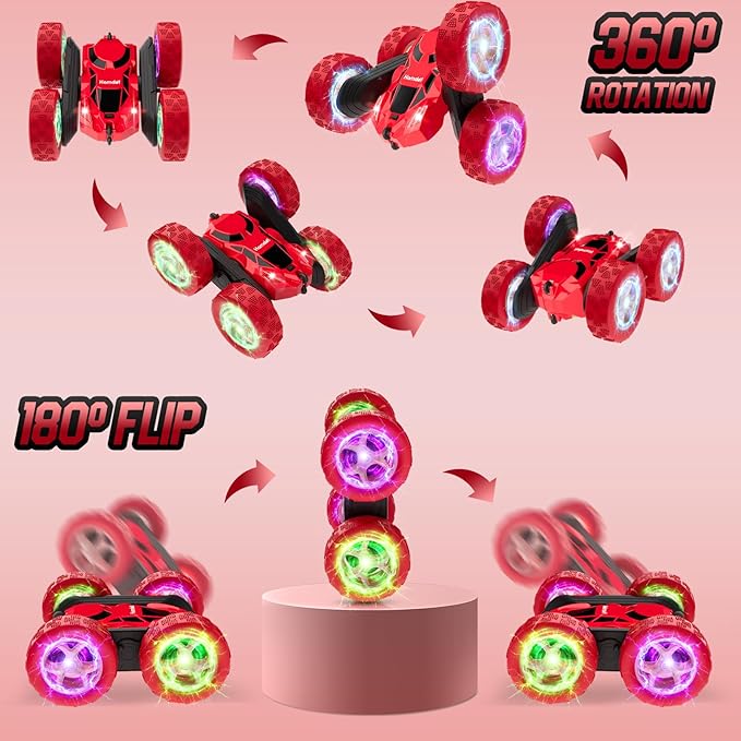 Remote Control Car for Kids Ages 6-12, 4WD RC Stunt Car with LED Lights & 360° Flips, 2.4GHz Fast Electric Toy Vehicle, Upgraded Battery, Birthday for Boys Ages 8-10