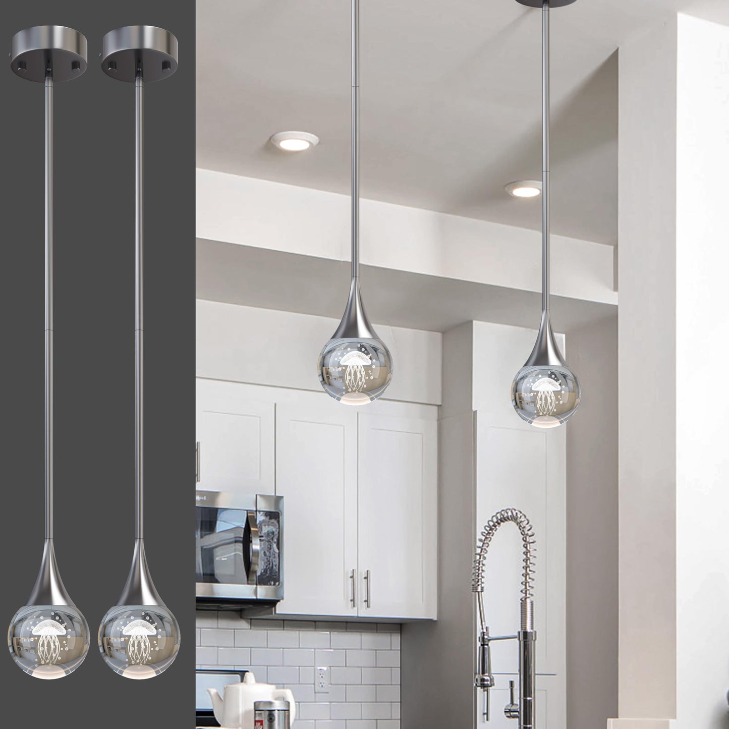2-Pendant Lights Kitchen Island  Chrome Silver Crystal Globe Ceiling Hanging Light Fxitures  Led Lamp Metal Rod Ceiling Jellyfish Pendant Lighting For Kitchen Dining Room Bar