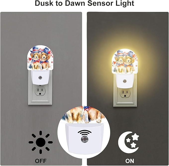 USA Flag Dog Couple Night Light Plug into Wall, American Patriotic Cute Dogs Dusk to Dawn Night Light Plug in,0.5w Energy Saving Sleep Friendly NightLight for Kids Boys Girls Home Decor