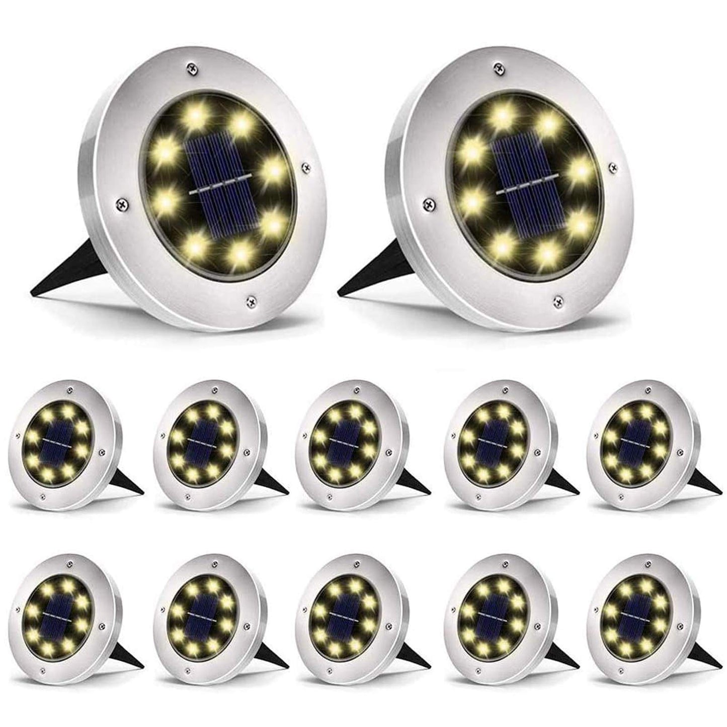Aogist Solar Ground Lights, 12 Packs, 8 LED Waterproof Disk Lights, Stainless Steel, Warm White, Model DMD-1214