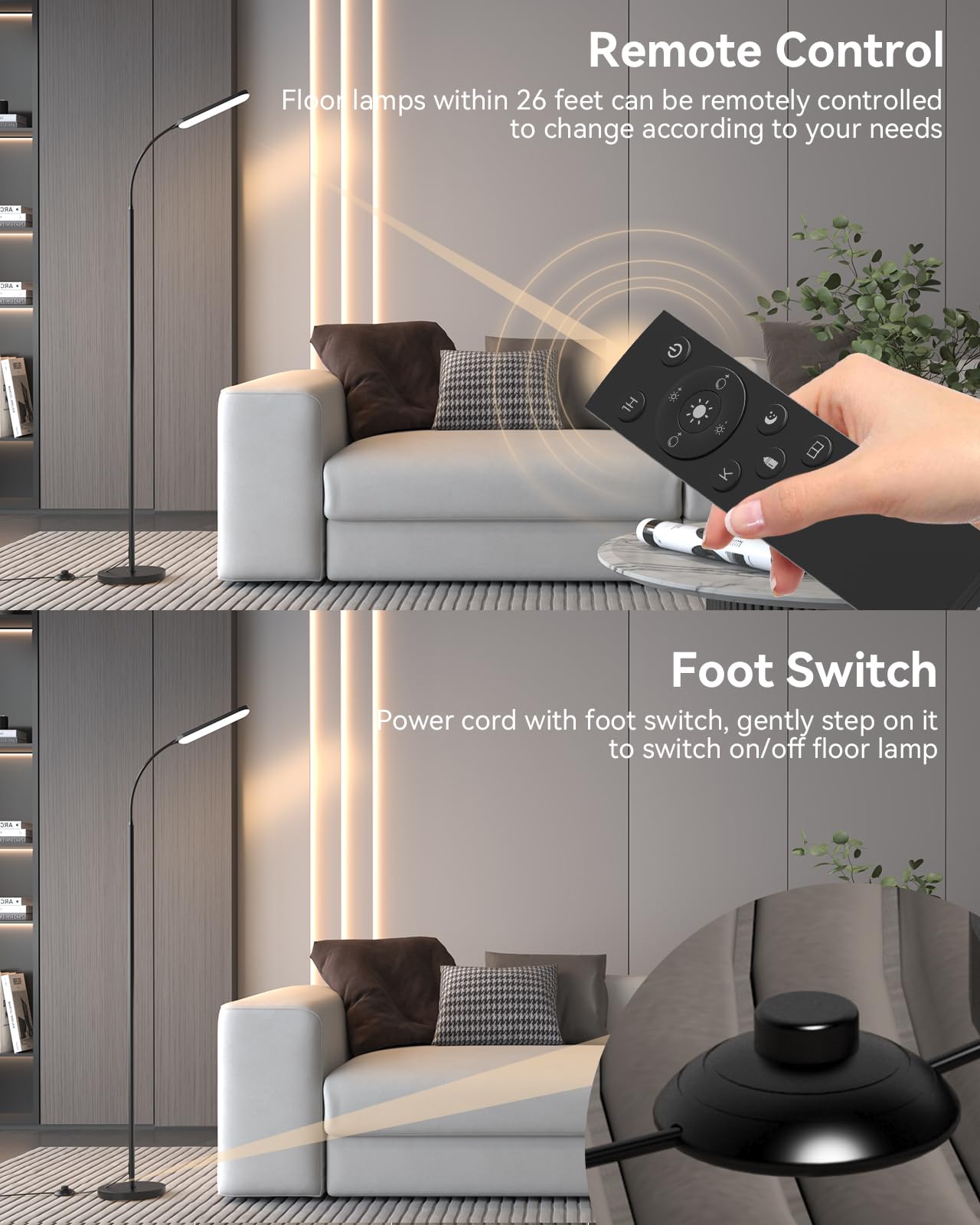 tigial Floor Lamp - 15W LED, Remote & Touch Control, Stepless Dimming, Adjustable Color Temperature, Black, Gooseneck Design