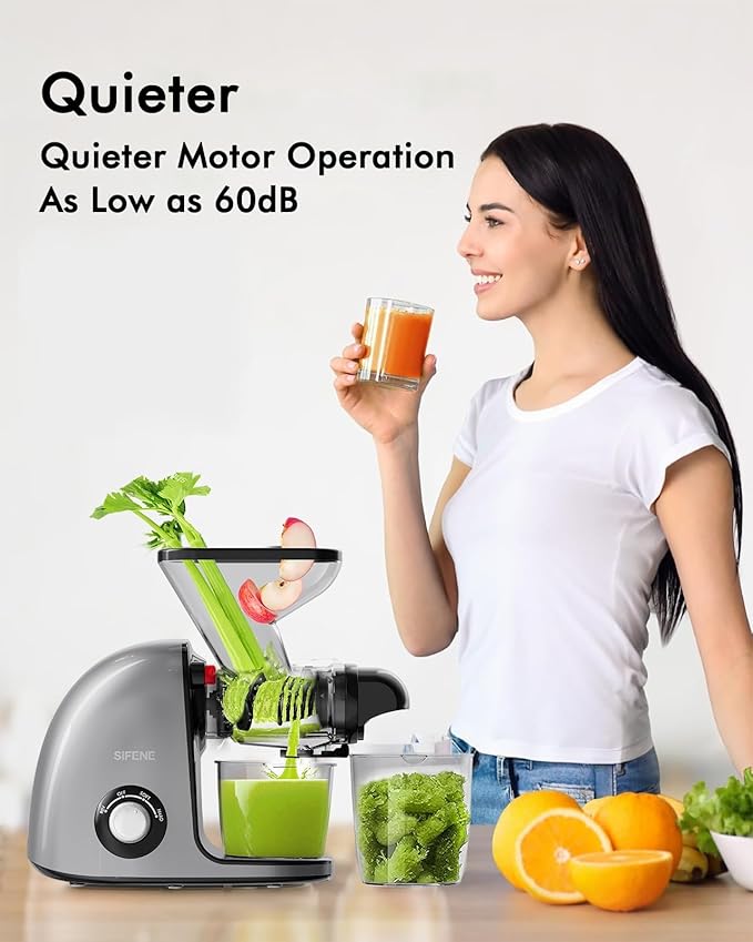Slow Masticating Cold Press Juicer Machine - Dual Mouth, Quiet, Easy Clean, Gray