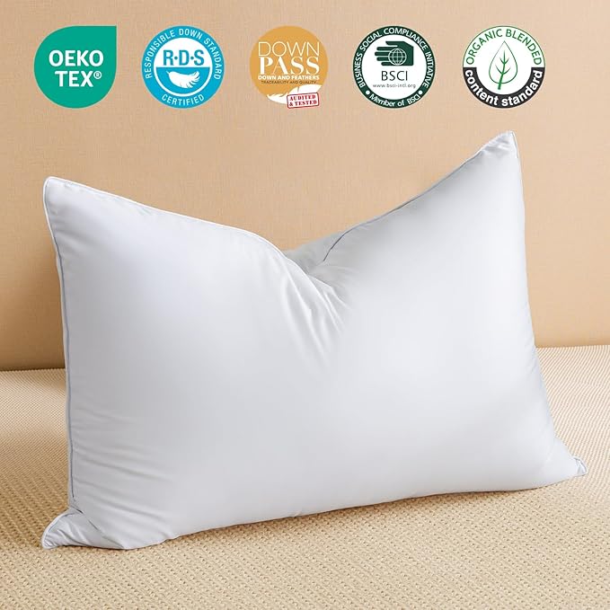 Goose Feather Down Pillow Queen Size, Luxury Soft Feather Pillow for Sleeping, Smooth Down-Proof Fabric, Hotel Collection Bed Pillow Surround Fill Polyester (White, 20"x30")