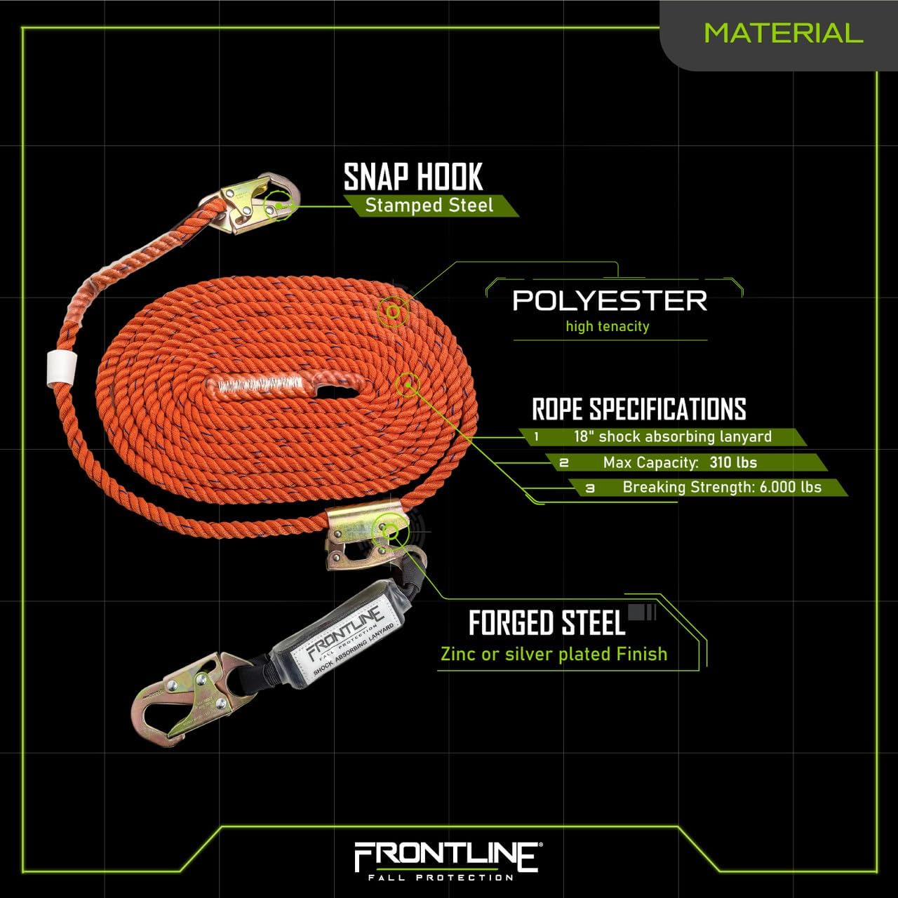 Frontline VLP200R3L Premium Vertical Lifeline with Openable Rope Grab 200' and Shock Pack | High Tenacity Polyester Material | Double Locking Closing Mechanism | OSHA & ANSI Compliant