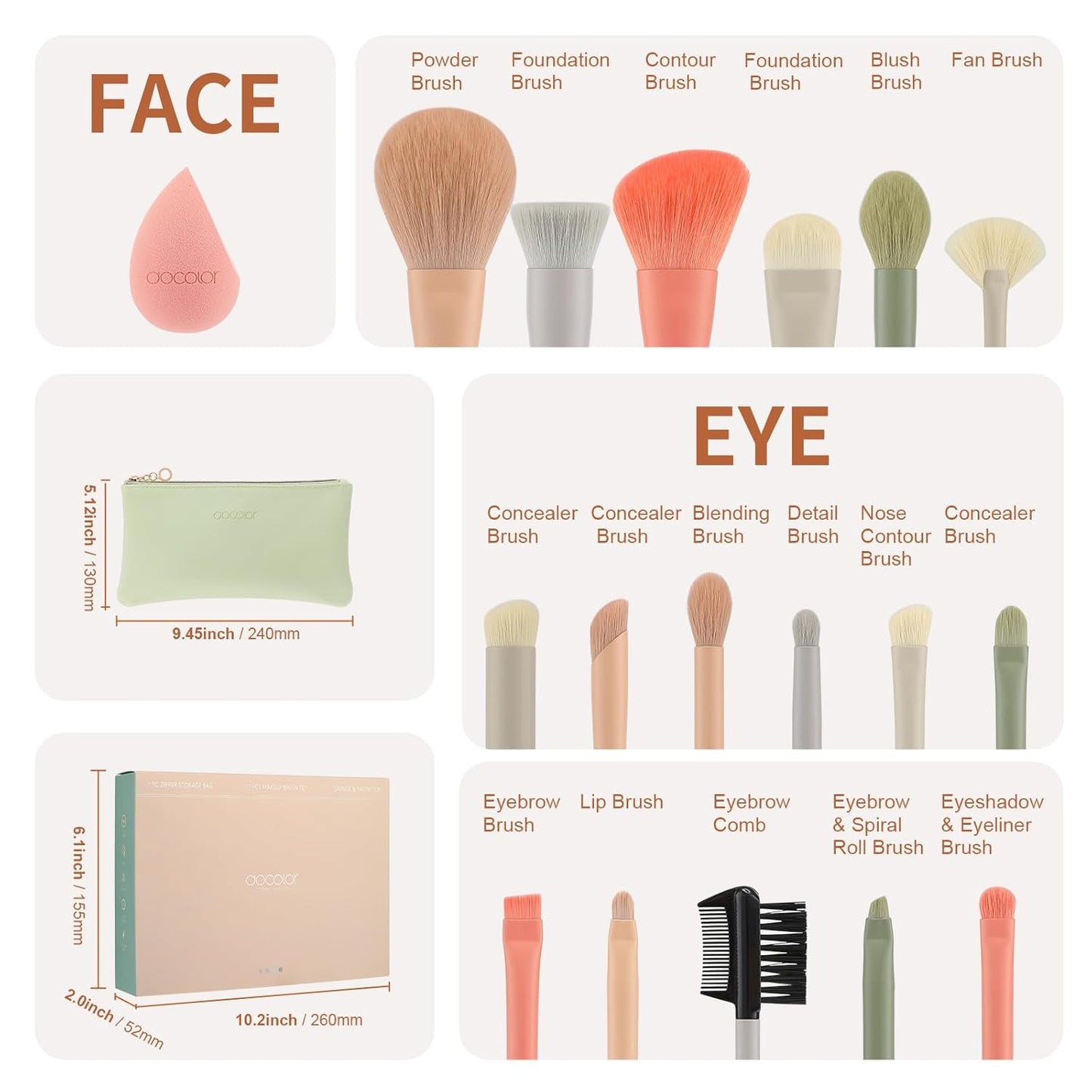 Docolor Makeup Brushes 17 Pcs with Makeup Bag and Makeup Sponge and Brush Protector Morandi Makeup Brush Set Premium Synthetic hair makeup brush Wooden handle Gift Box