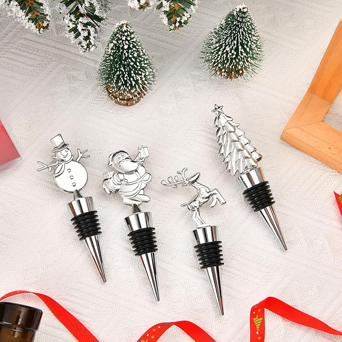 4 Pack Christmas Wine Stoppers, Alloy Wine Bottle Stoppers for Xmas Decoration, Bottle Stopper for Keeping Wine Fresh, Wine Accessories Gift for Hostess - Wine Bottle Corkers