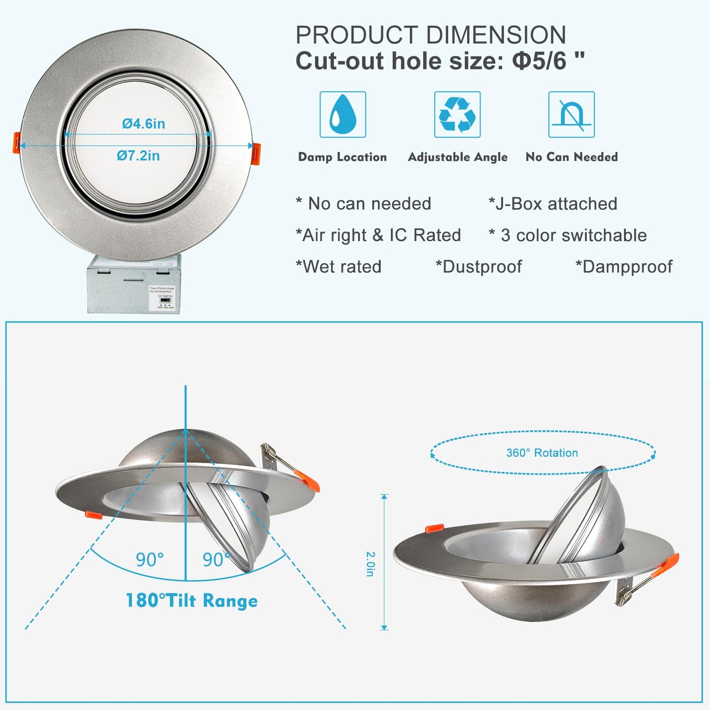 Lightdot 12 Pack 6 Inch Led Gimbal Recessed Lighting  360+90 Adjustable  3Cct Selectable & Dimmable (5%-100%)  1300Lm Ultra Bright Canless Downlight  Etl/Fcc Certified For Living Room/Kitchen-Silver