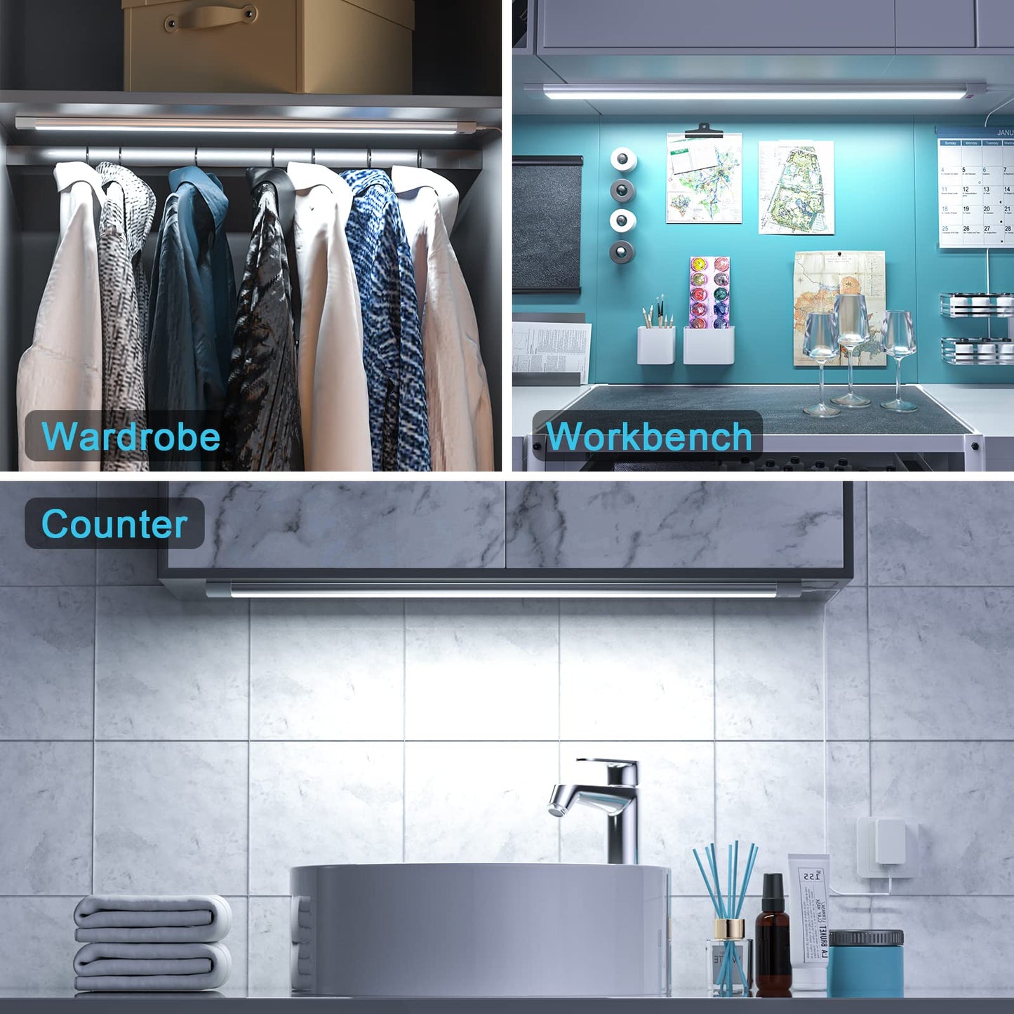 WOBANE Under Counter LED Light Bar, 24 inch Dimmable, Aluminum, Silver & White (6000K), Model CL15-6000