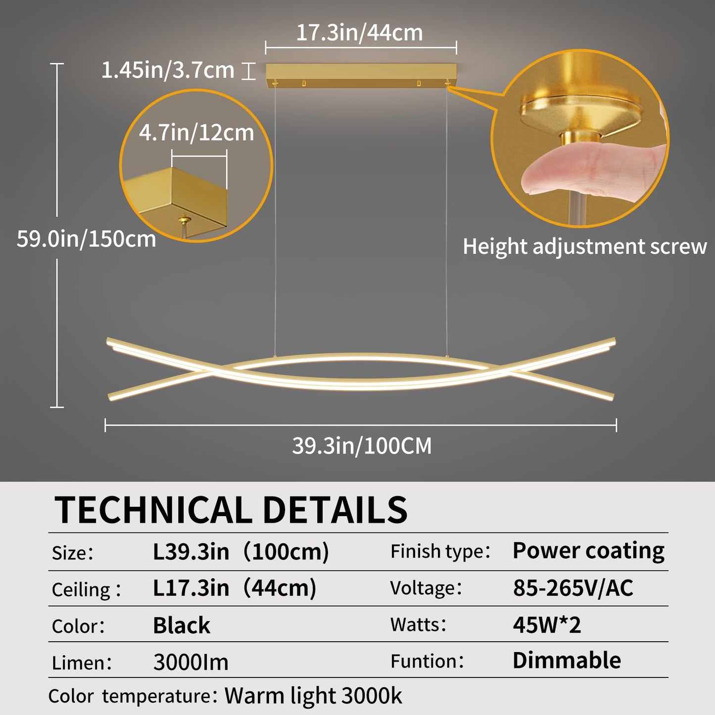 Matven Modern Chandelier Pendant Light, Dimmable LED, 3000K-6000K, 47IN, Gold, Model YGJS