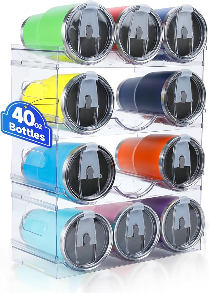 [Large Compartment] Water Bottle Organizer for Stanley 40 oz, 4 Pack Stackable Water Bottle Organizer, Clear Water Bottle Holder for Tumbler Travel Mug Cup, Kitchen Pantry Organization and Storage