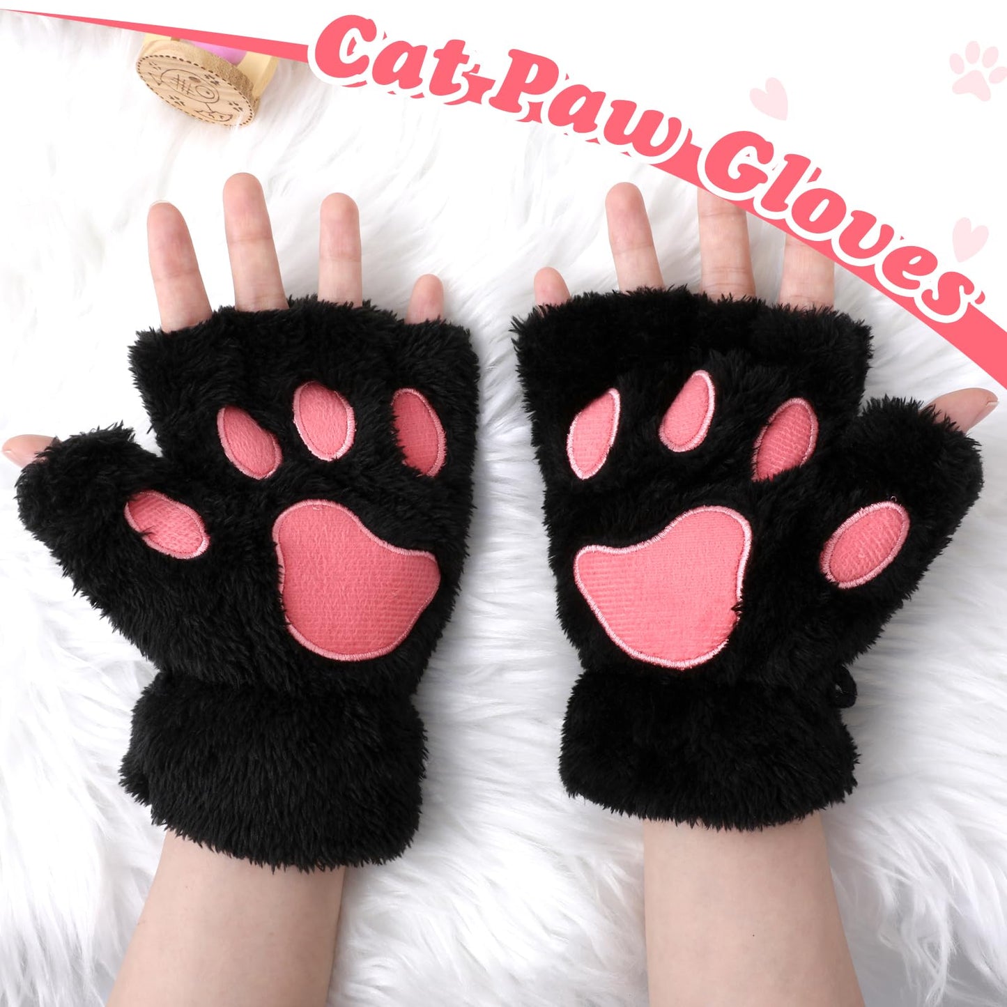 Cat Paw Gloves Black Bear Furry Paw Fingerless Hand Winter Paw Gear Kawaii Cat Claw Gloves Warm Mittens Cute Faux Fur Plush Half Finger Paws Gloves Cat Paw for Girls Women Halloween Cosplay Costume