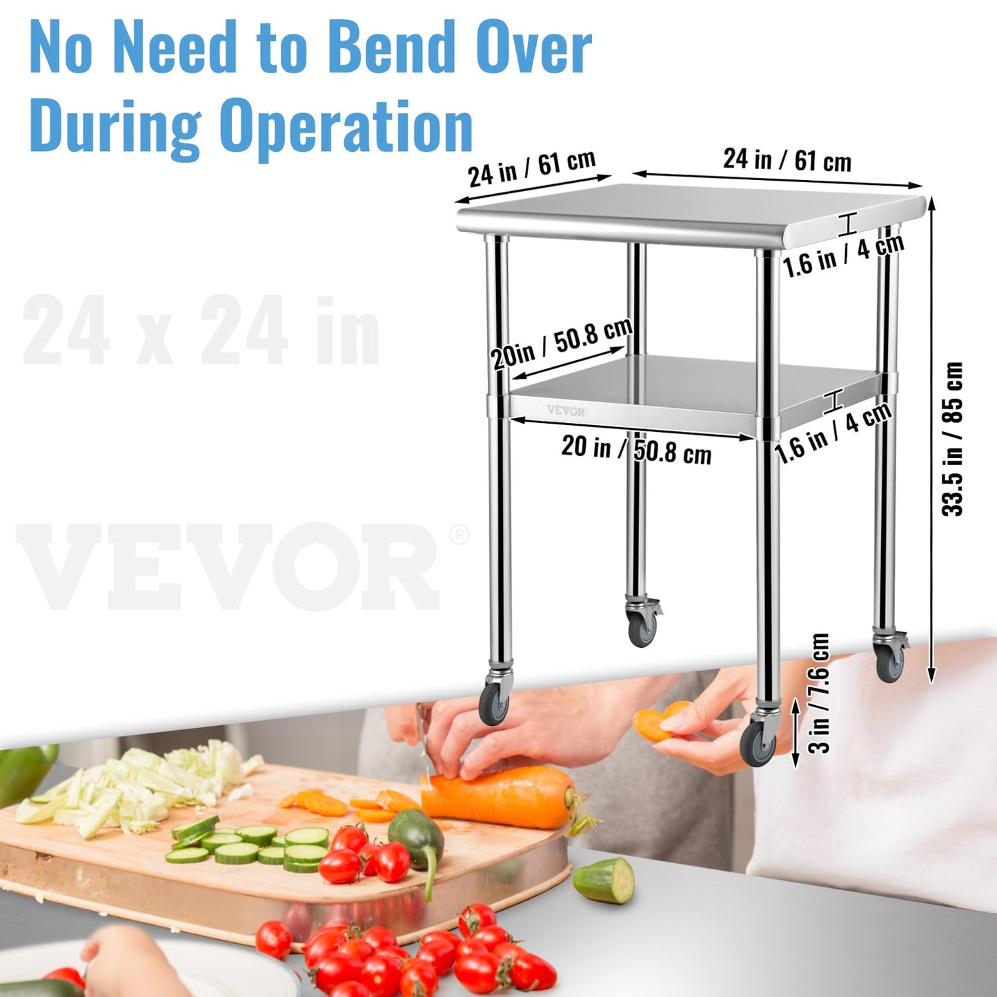 VEVOR Stainless Steel Prep Table, 24 x 24 x 33.5 Inch, 600lbs Load Capacity Heavy Duty Metal Worktable with Adjustable Undershelf & Universal Wheels, Commercial Workstation for Kitchen Garage Backyard