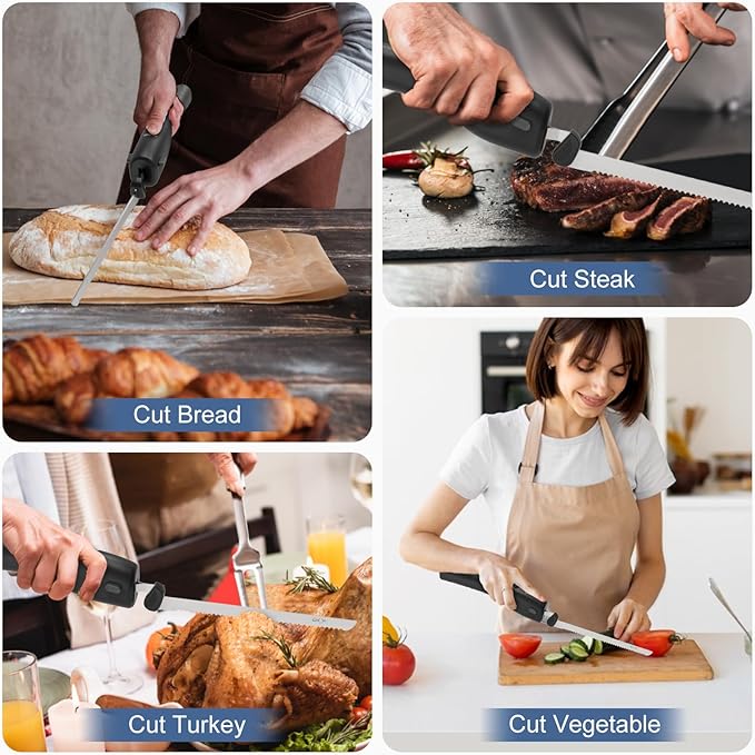 VLOXO Cordless Electric Knife, Electric Knives Rechargeable Bread Knife with Safety Lock Ergonomic Handle Electric Meat Knife for Carving Meat Bread Steak Fish Fillet Cheese Include 2 Blades