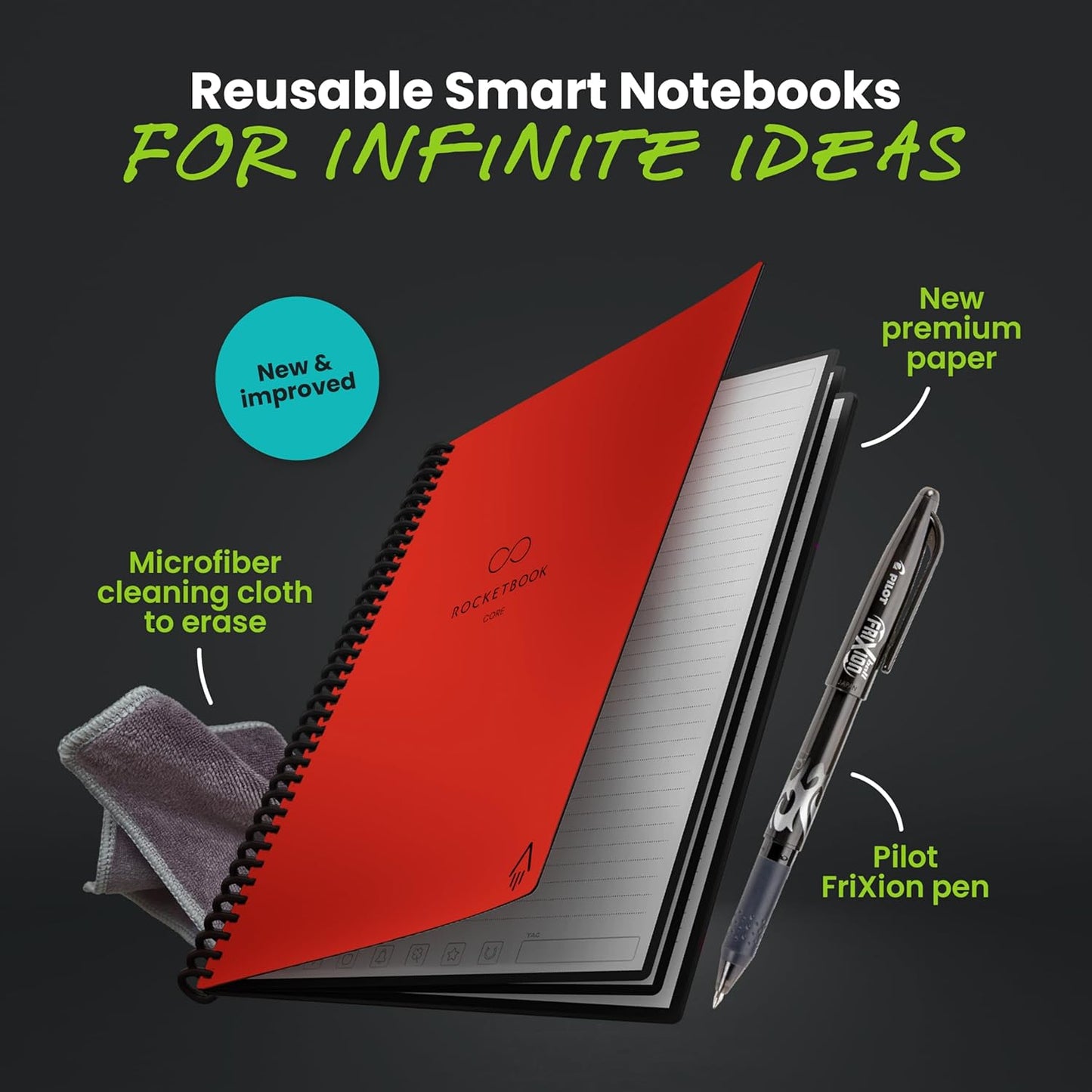 Rocketbook New Core Reusable Spiral Notebook, Letter Size 8.5x11, Red - Lined Pages, App-Connected, Erasable, Durable Cover, Ideal for School, Work, and Creative Projects