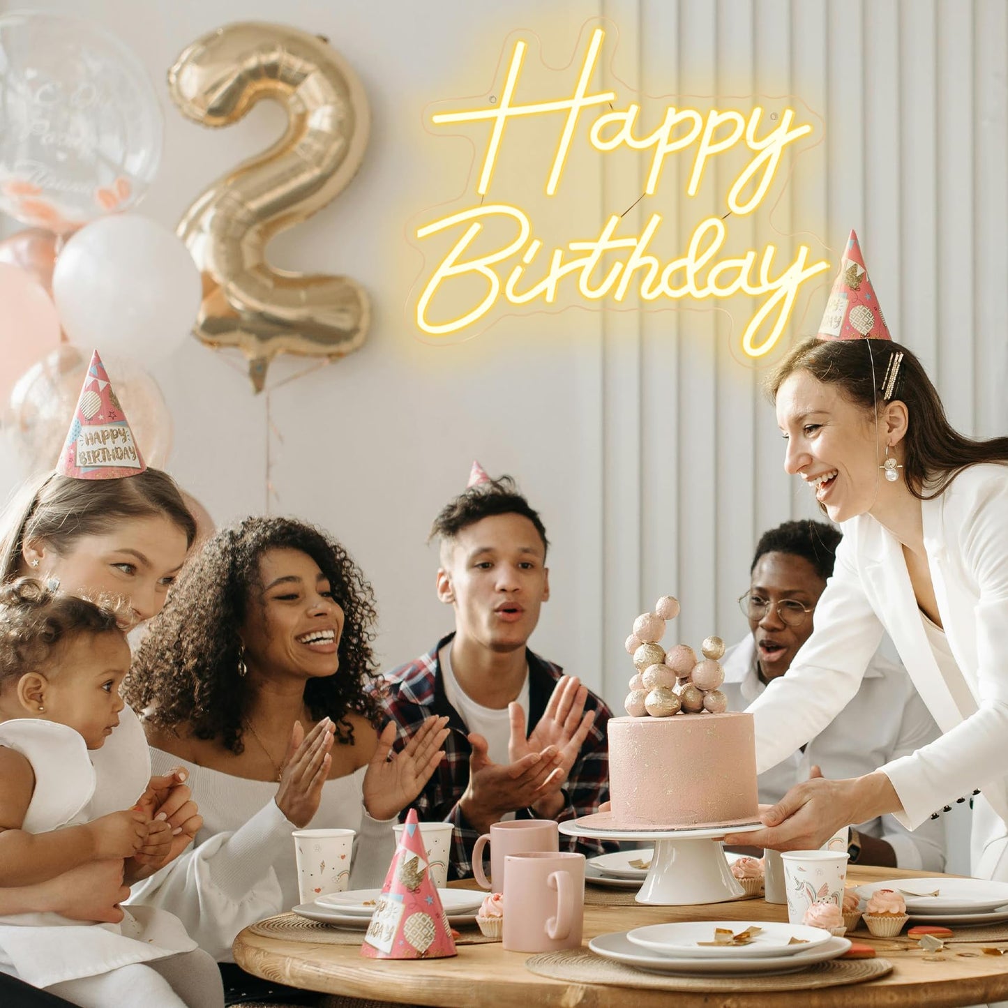 Happy Birthday Neon Sign for Backdrop, LED Happy Birthday Light Up Sign, USB Powered Dimmable Neon Light for Birthday Party Decorations Wall Decor, Warm White
