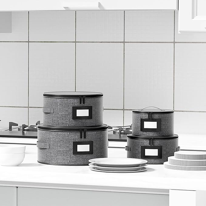 Aokeyee 4-Pack Hard Shell Dish Storage Containers with 48 Non-Woven Pads – For Plates, Dinnerware & China - Ideal for Moving & Protection