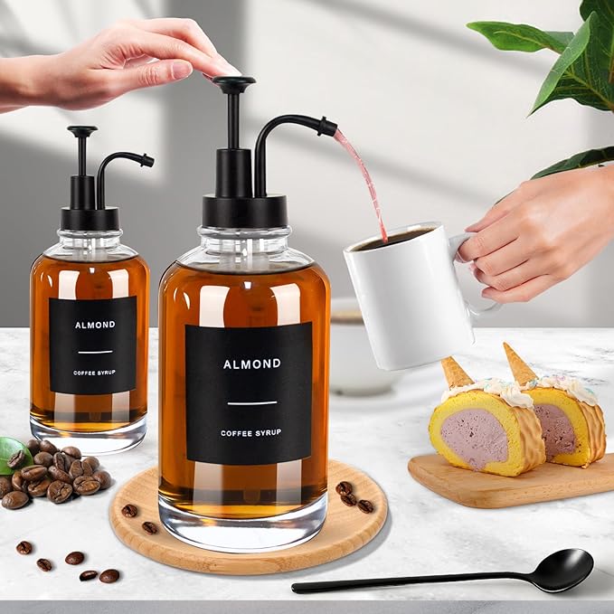 Coffee Syrup Dispenser for Coffee Bar, 3PCS Coffee Bar Accessory Syrup Dispenser w. Labels,16.9 oz 500ml Simple Glass Syrup Bottle w. Tray & Coffee Scoop