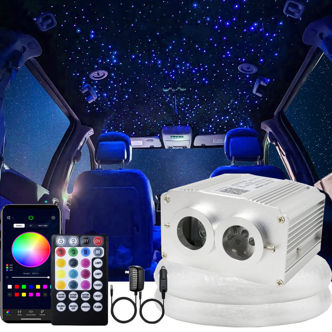 AZIMOM Fiber Optic Starlight Headliner Kit, 800pcs, 0.03in x 13.1ft, Sound Activated, Remote APP Control, Silver, Model C-