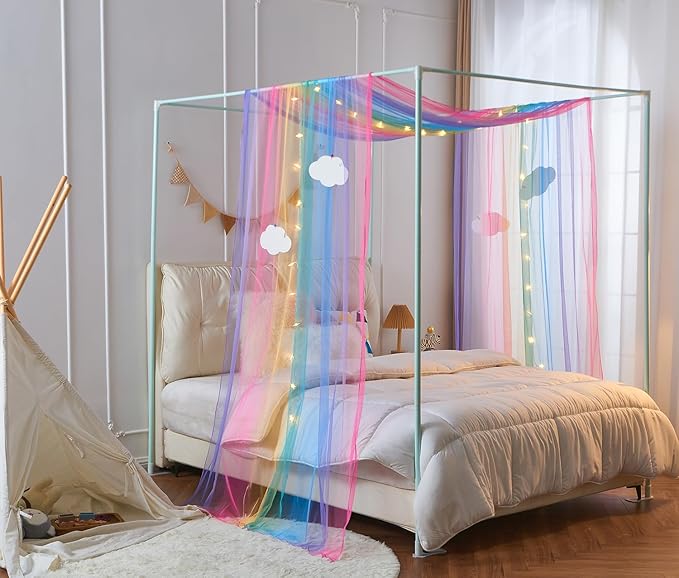Rainbow Princess Canopy Bed Curtain Queen, Bed Scarf Valance with Cloud Ornaments, Bed Canopy for Girls Bedding Decor (1 Panel, Full/Queen Size)