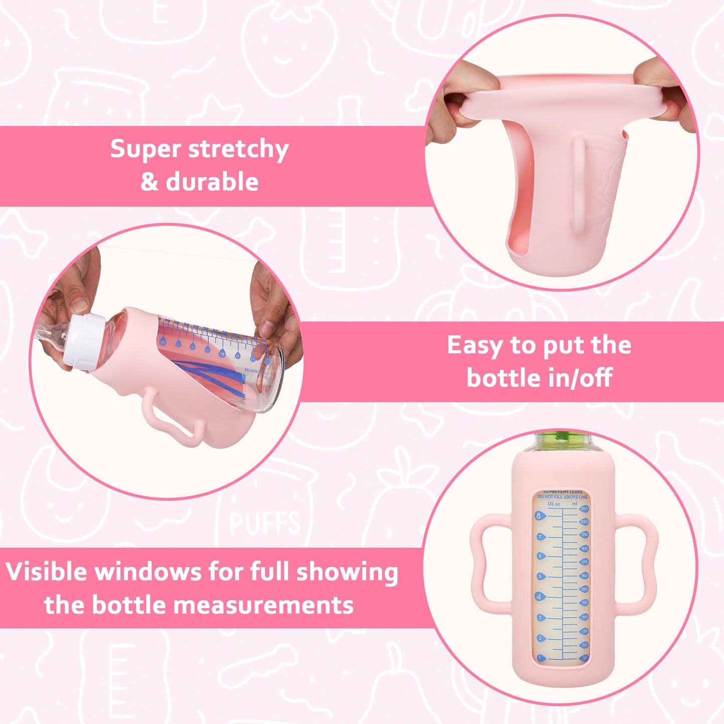KingKam 4 Pack Silicone Sleeves for Dr. Brown's Glass Baby Bottles, Drop Protection Easy-Grip Baby Bottle Sleeves Holder with Handles, Compatible with Dr. Brown's Narrow Glass Bottles 8oz