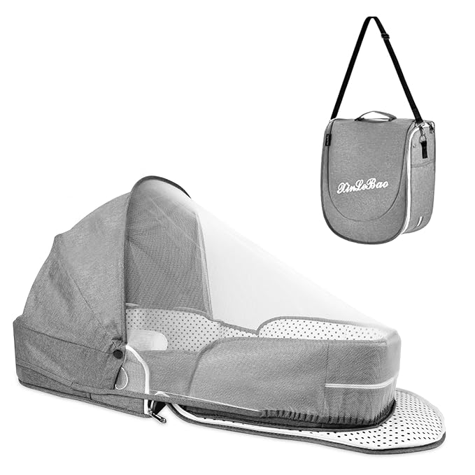 Portable Bassinet for Baby Travel Lounger Foldable Baby Co-Sleeping Bed with Mosquito net + Cool mat Carry Bag & Storage Pocket ()