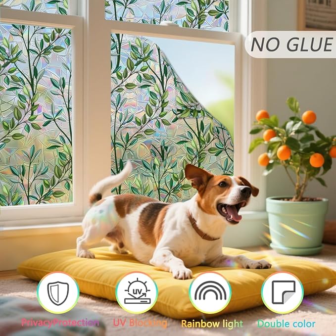 Leaf Stained Glass Window Film Static Cling with Tools - 45.2 x 78.7 Inch Non-Adhesive Privacy Decorative Rainbow Film for Windows, Doors, Sidelights - Easy Install & Remove