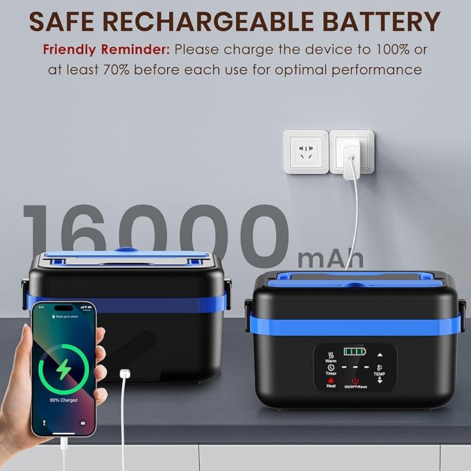 Cordless Electric Lunch Box, Battery Powered Heated Lunch Boxes, 1 Liter Food Insulated Food Warmer Box with Fork and Spoon Insulated Carrying Pouch for Truck Drivers Blue Collar and Adults