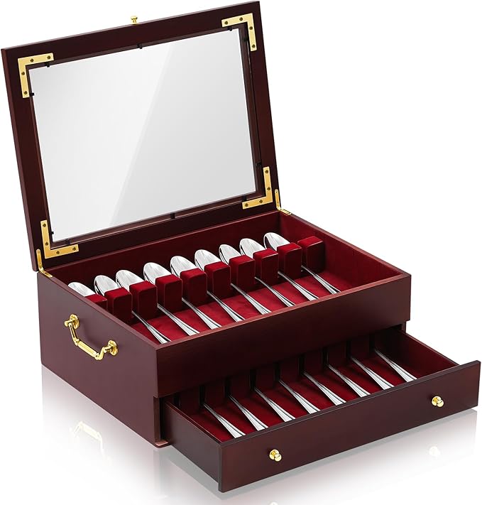Novabright Wooden Silverware Storage Box with Lid, Christmas Flatware Organizer with Handle Felt Lined,15.3 x 11.4 Large Elegant Silverware Chest Case for Flatware Utensils Home Decor Gift(2 Layer)