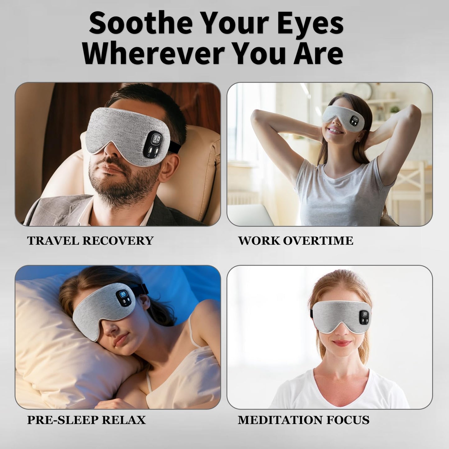 Heated Eye Mask - Cordless Eye Mask for Dry Eyes, Eye Relief, Improved Sleep, Washable Eye Heating pad for Travel Removable for Cleaning and 2 Covers, 4-Level Timing and Temperature (Gray)