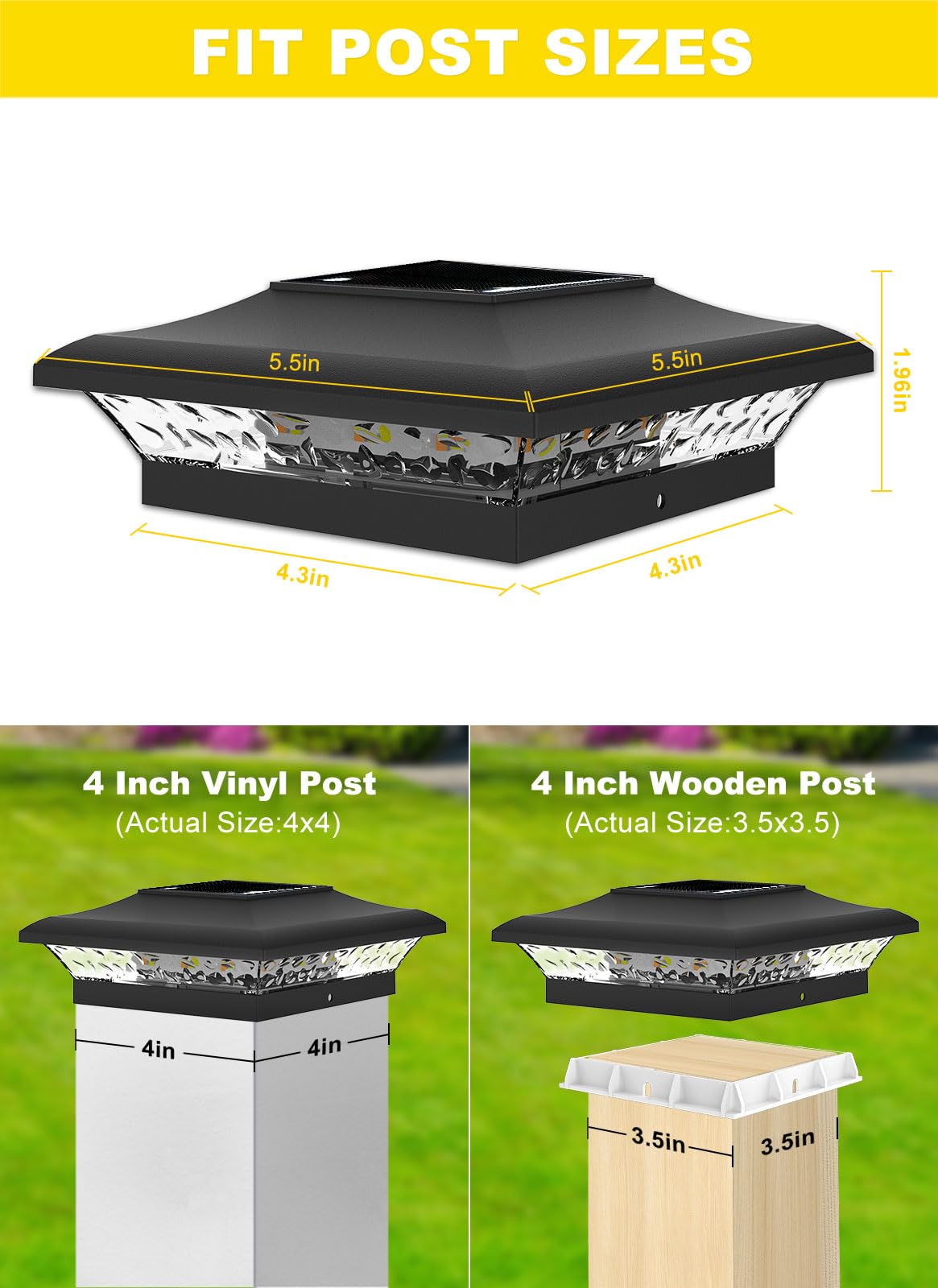 T-Sun Solar Post Cap Lights 6 Pack For 4X4 Vinyl/Wooden Posts  Waterproof Outdoor Warm & Cool White(3000K/6000K) Solar Powered Deck/Garden/Patio Lighting
