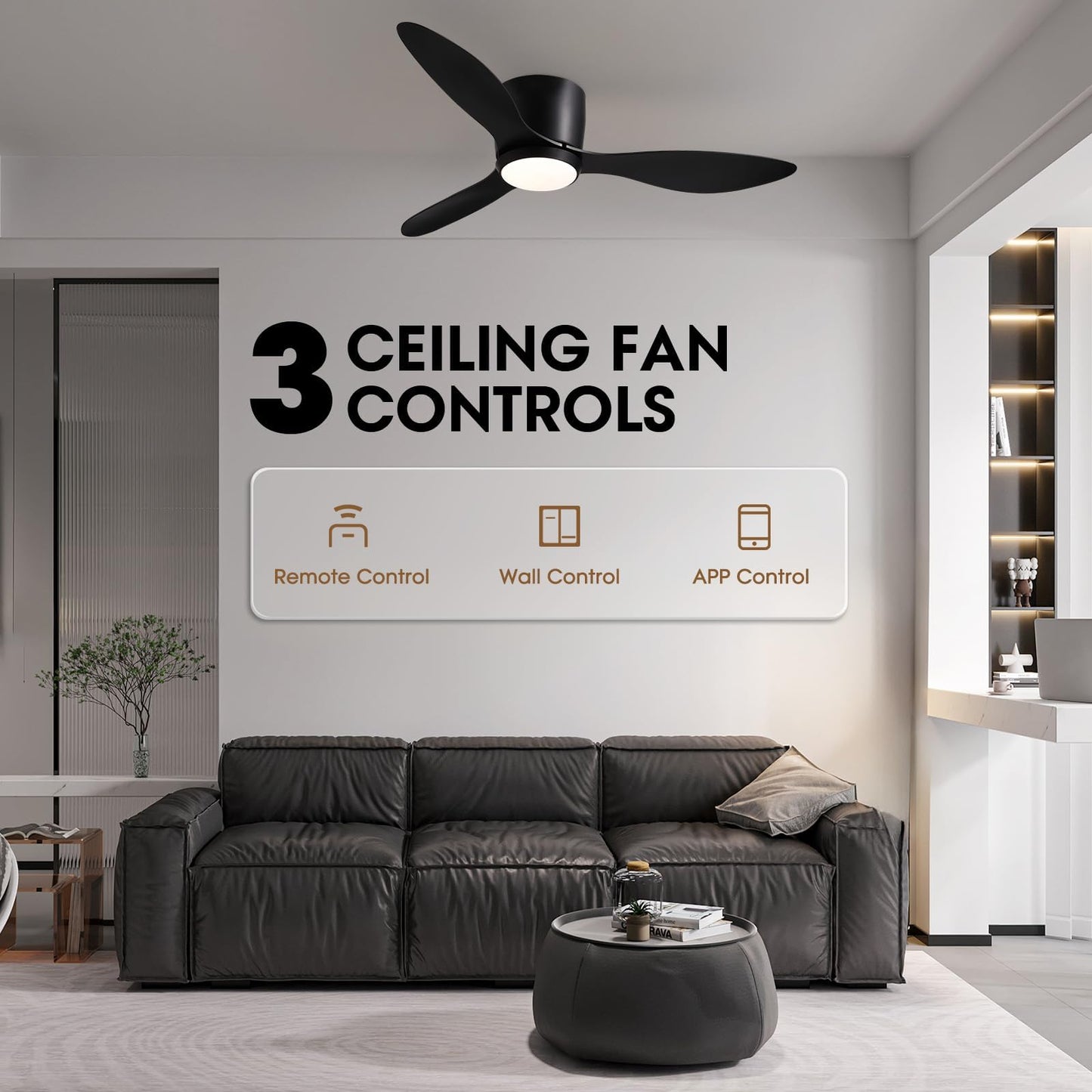 Ceiling Fans With Lights,42 Inch Low Profile Ceiling Fan With Wall Control And Remote Control,Dimmable,Flush Mount Ceiling Fan W