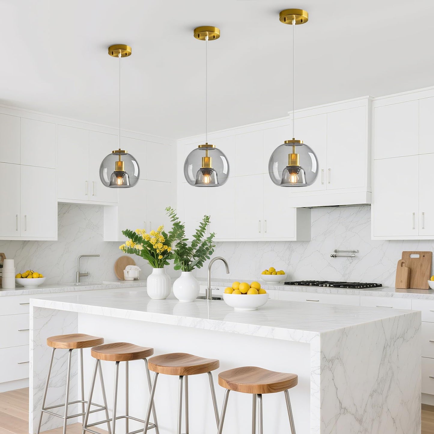 Lbsqj Light Grey Glass Pendant Lights Kitchen Island Gold Hanging Light Fixture Glass Globe Pendant Light Modern Pendant Lighting For Kitchen Island Bedroom Dining Room (7.87  1 Pack)