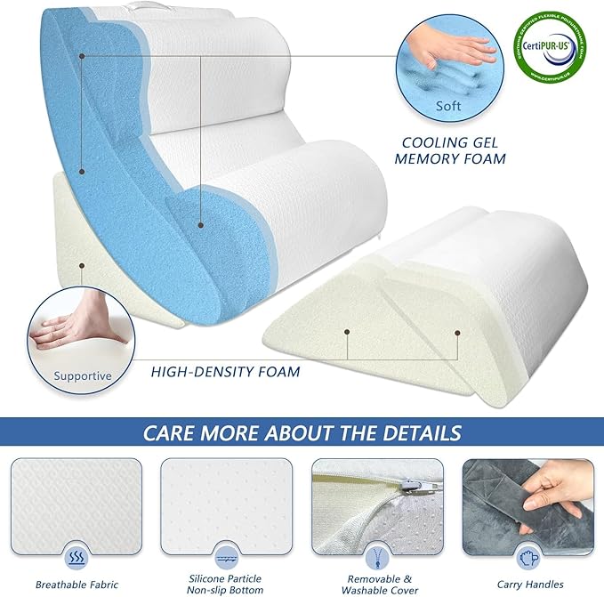 6PCS XL Orthopedic Bed Wedge Pillow for Sleeping, Gel Memory Foam Post Surgery Pillow Set for Back, Neck, Leg Support, Acid Reflux, Gerd, Anti Snoring, with Washable Cover & Travel Bag (White, 24'' W)