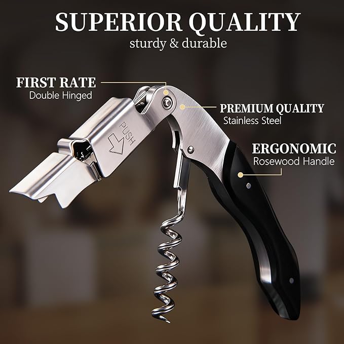 Wine Opener, Wine key, Corkscrew, Wine Bottle Opener w/Foil Cutter and Cap Remover for Servers, Bartenders, Waiters, Sommelier, Wine lover (Ebony, Standard)