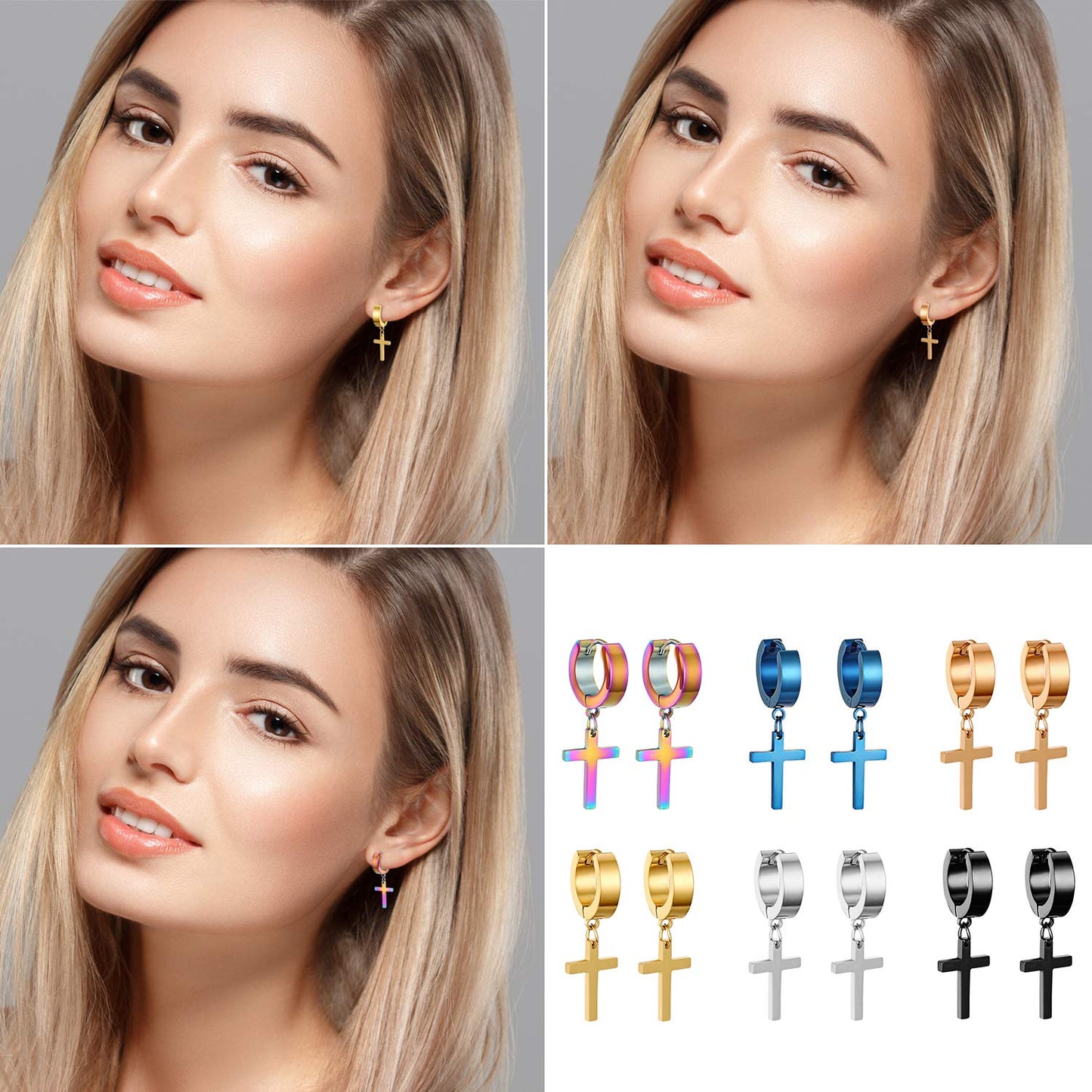 Cupimatch 3-6 Pairs Stainless Steel Cross Dangle Huggie Hinged Hoop Earrings for Men Women (6 Pairs Single Cross) for Mothers Da